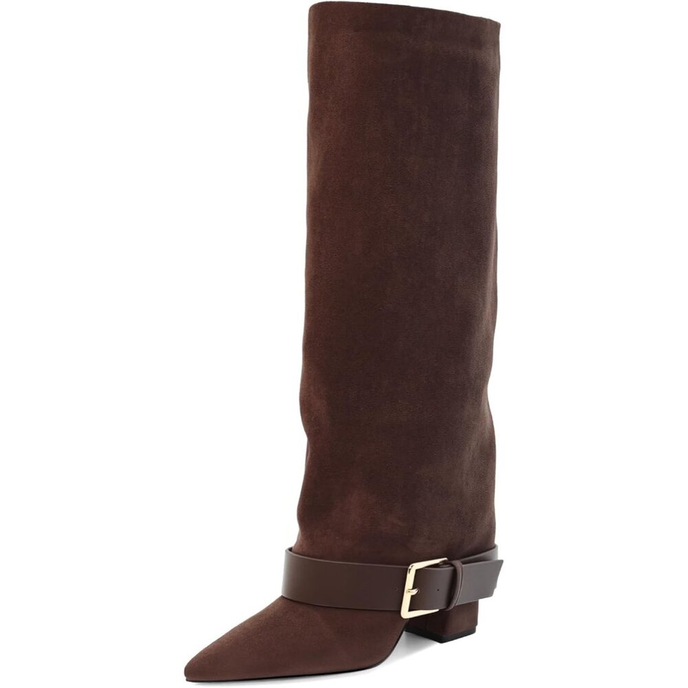 Women's Brown Suede Knee High Boots Fold Over High Heel Belt Buckle Fall Long